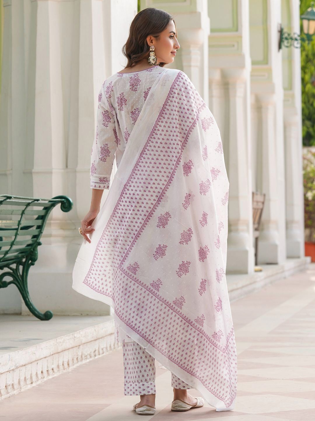 Dhiyona RR Women's Floral Printed Cotton Kurta with Trousers & Dupatta