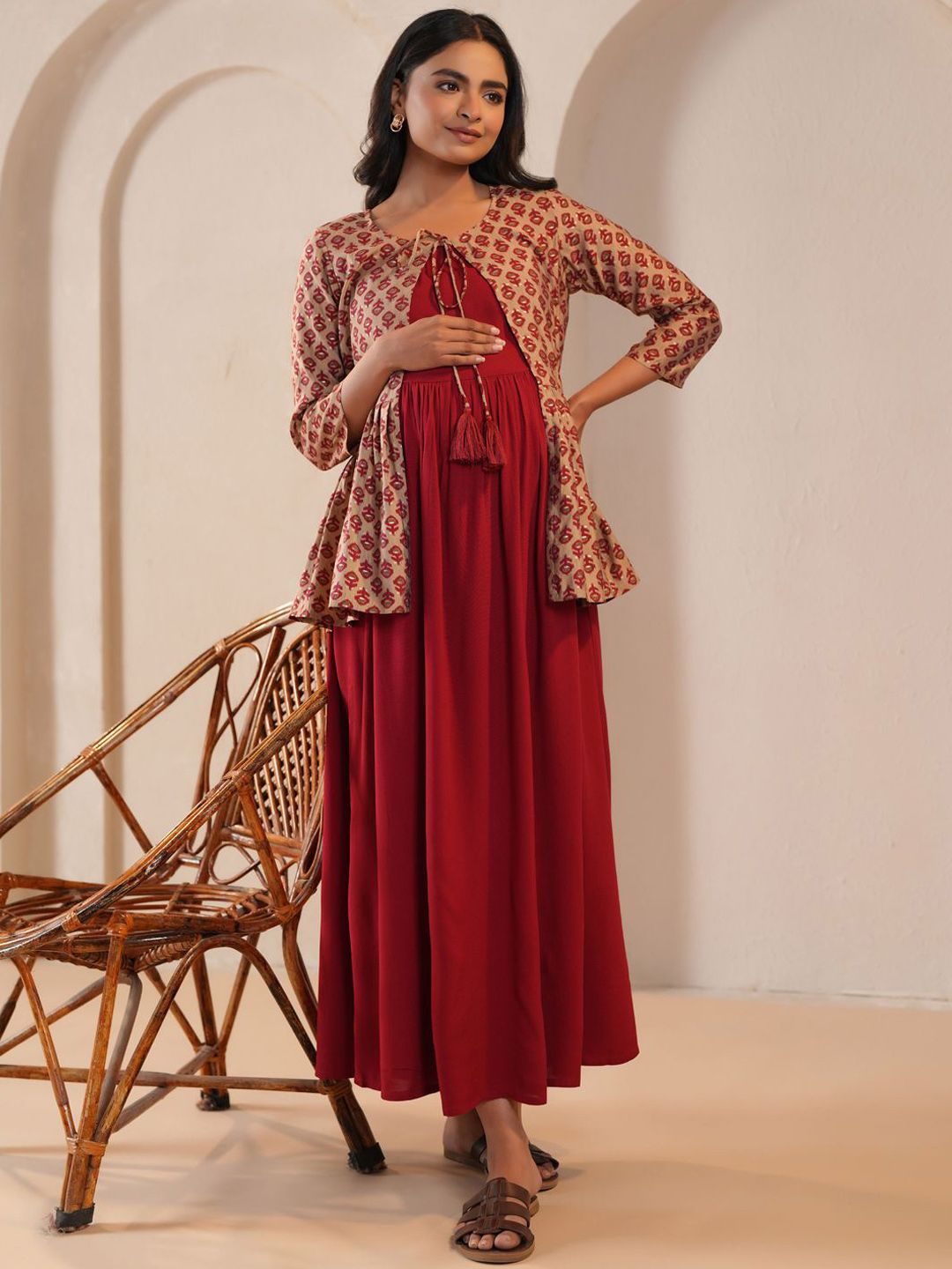 Dhiyona AY Women's Printed Fit & Flared Maternity Ethnic Dresses With Jacket