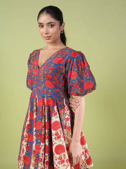 Dhiyona AY Women's Floral Print Puff Sleeve Fit & Flare Dress