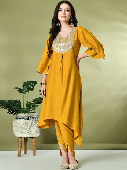 Ethnic Motifs Yoke Design Sequinned A-Line Kurta With Dhoti Pant & Dupatta