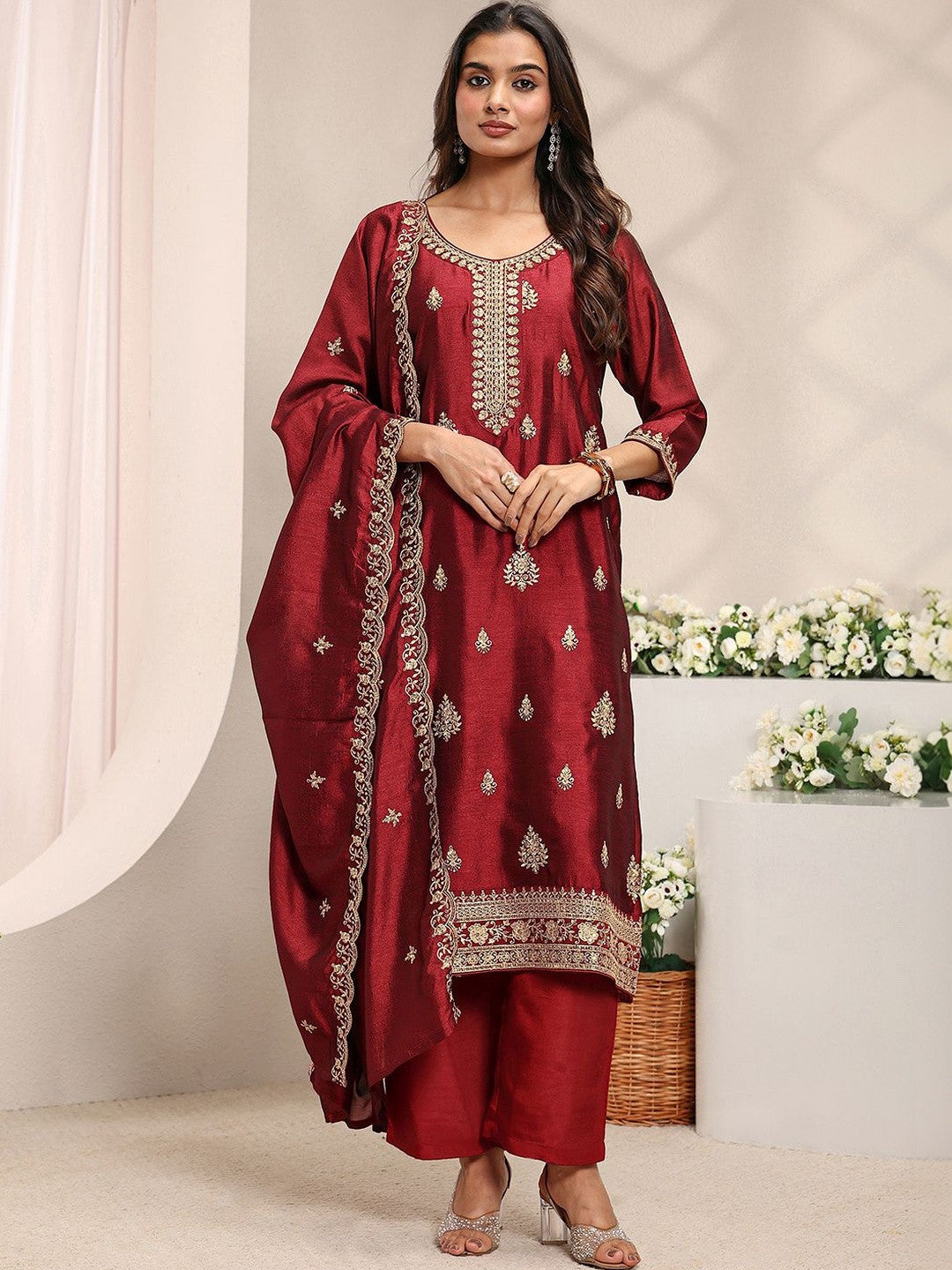 Maroon Ethnic Motifs Embroidered Straight Suit Set with Dupatta