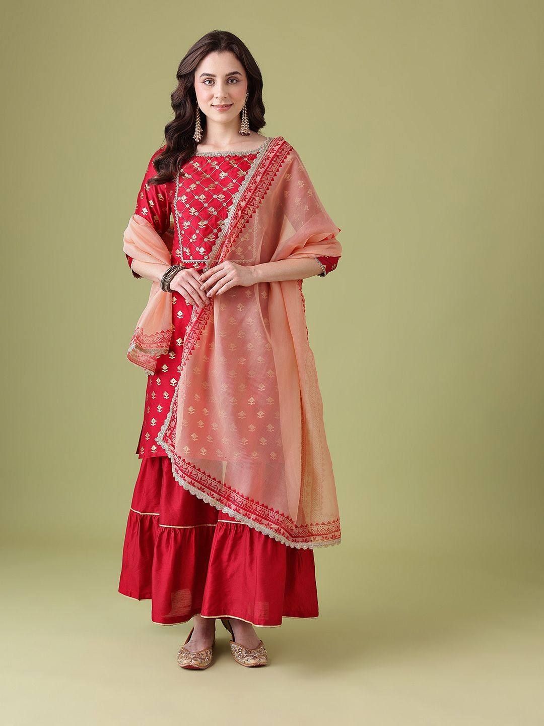 Dhiyona AN Floral Foil Printed Gotta Patti Detail Kurta with Sharara & Dupatta