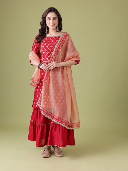 Dhiyona AN Floral Foil Printed Gotta Patti Detail Kurta with Sharara & Dupatta