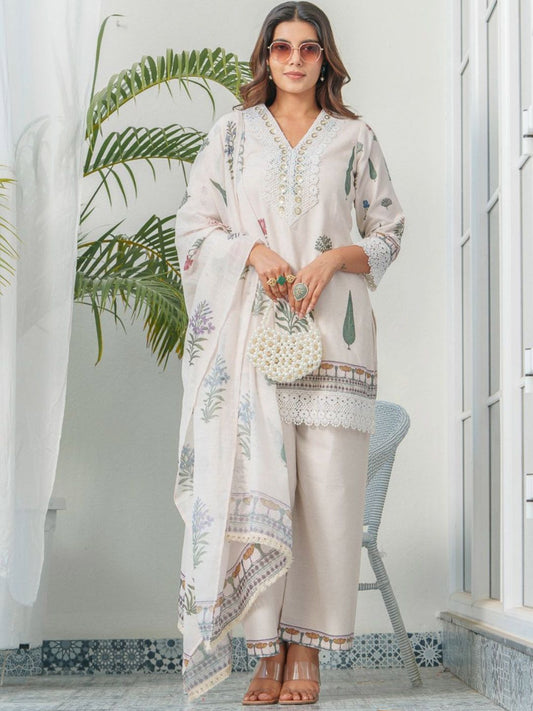 Dhiyona PD Women Floral Printed V-Neck Sequinned Straight Kurta With Trouser & Dupatta