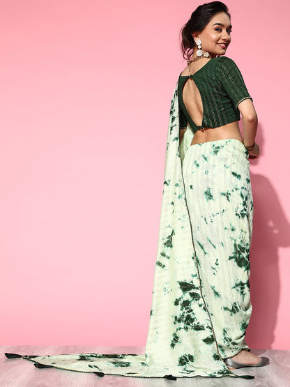 Women's Silk Blend Green Printed Designer Saree With Blouse Piece
