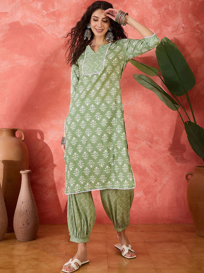 Floral Printed Notch Neck Pure Cotton Straight Kurta With Salwar