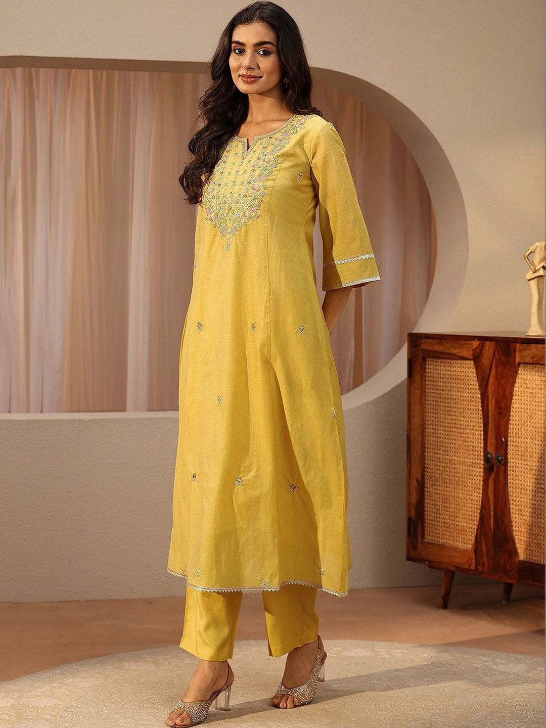 Yellow Floral Embroidered Silk Blend A-line Suit Set
