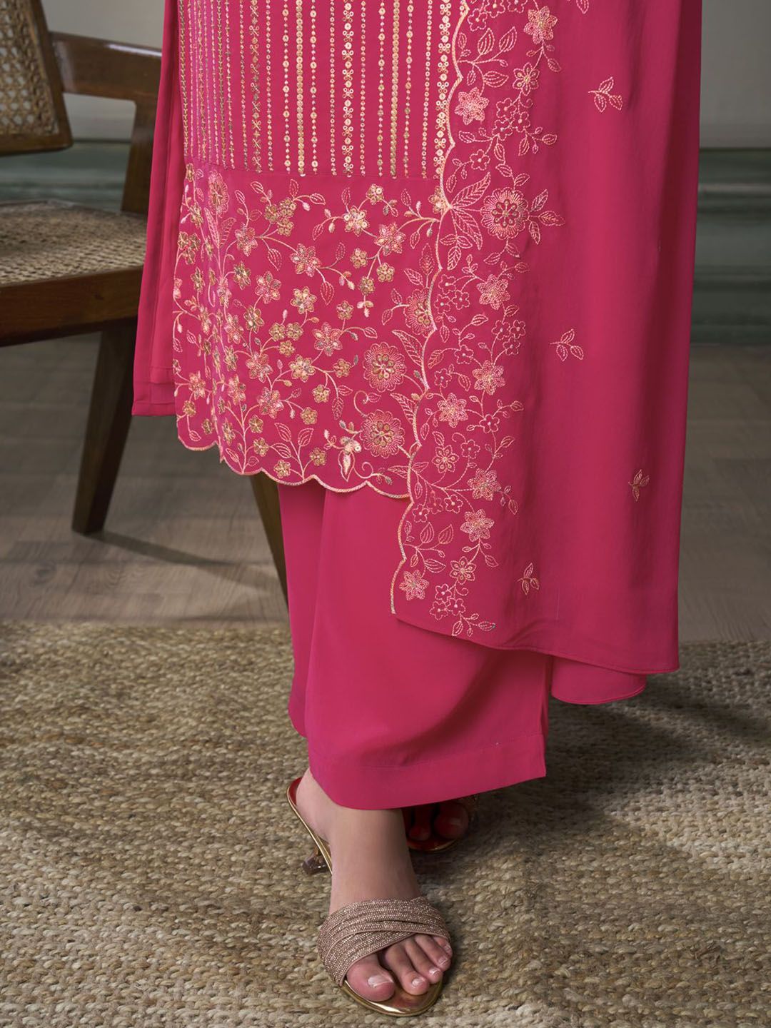 Dhiyona IN Floral Embroidered Sequinned Straight Kurta With Palazzos & Dupatta
