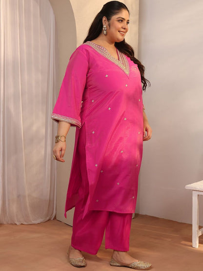 Dhiyona Women's Plus Size Ethnic Motifs Embroidered Kurta with Trouser & Dupatta