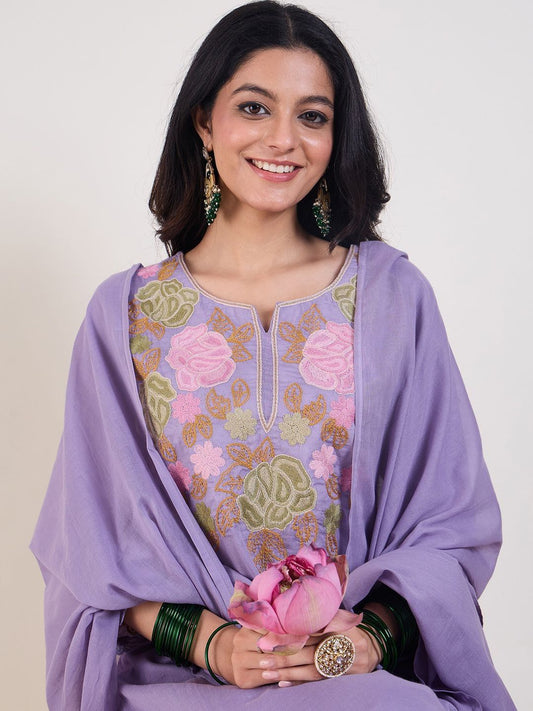 Floral Embroidered Thread Work Pure Cotton Straight Kurta With Trousers & Dupatta