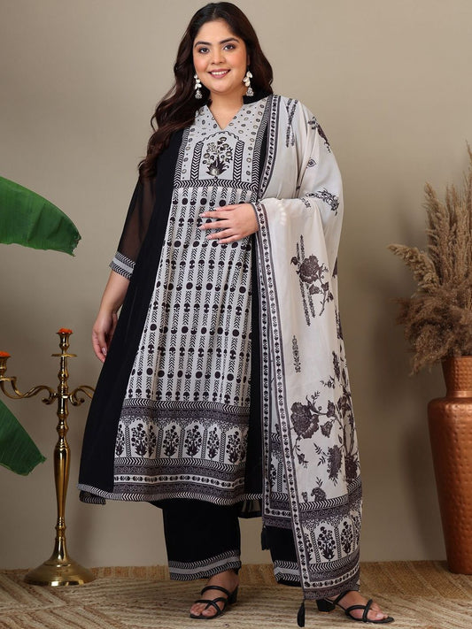 Dhiyona IN Women Plus Size Ethnic Motifs Printed Kurta with Palazzo & Dupatta
