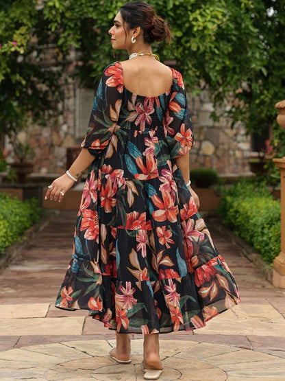 Dhiyona AY Women's Floral Print Puff Sleeve Georgette Fit & Flare Midi Dress