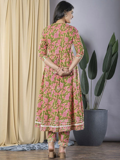 Dhiyona KL Floral Printed V-Neck Gotta Patti Pure Cotton Anarkali Kurta With Trouser & Dupatta