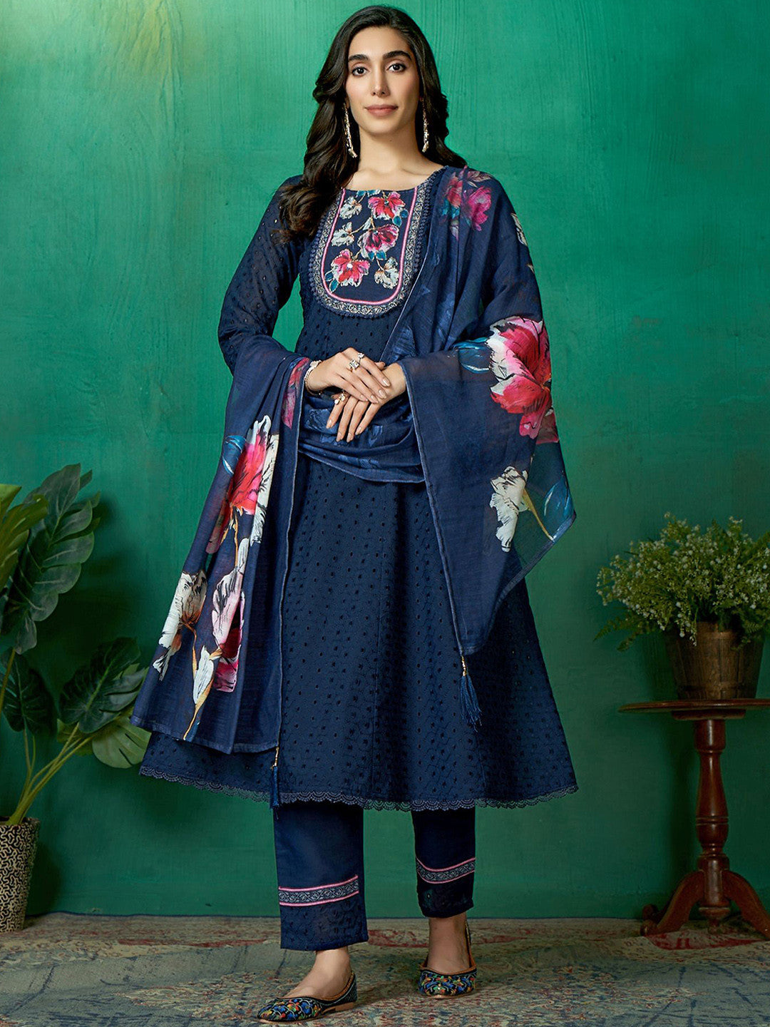 Embroidered Pure Cotton Round Neck Kurta Trouser & Dupatta