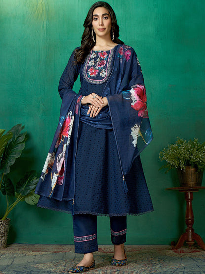 Embroidered Pure Cotton Round Neck Kurta Trouser & Dupatta