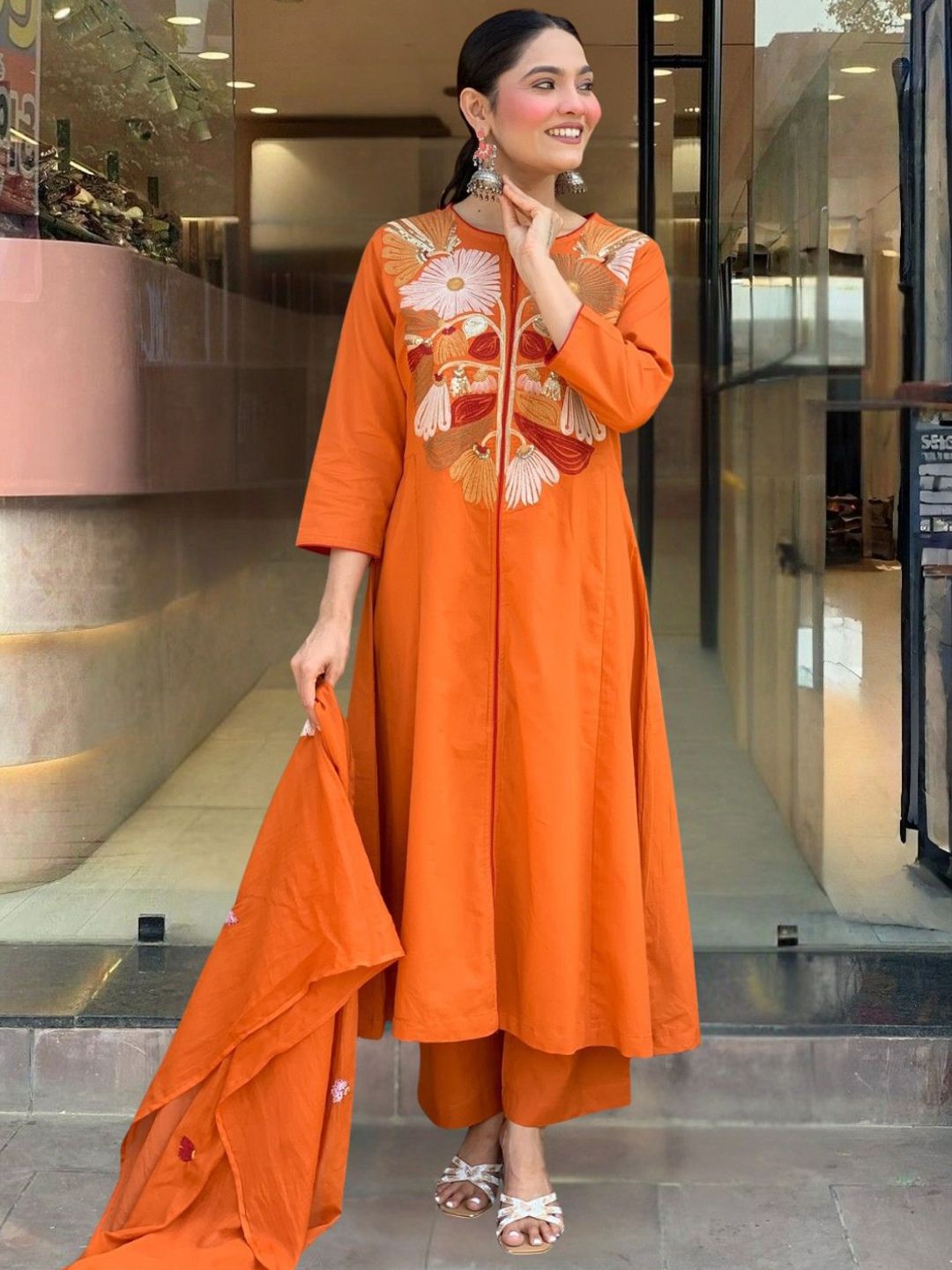 Dhiyona KL Floral Yoke Design Chanderi Silk Thread Work A-Line Kurta & Palazzos With Dupatta