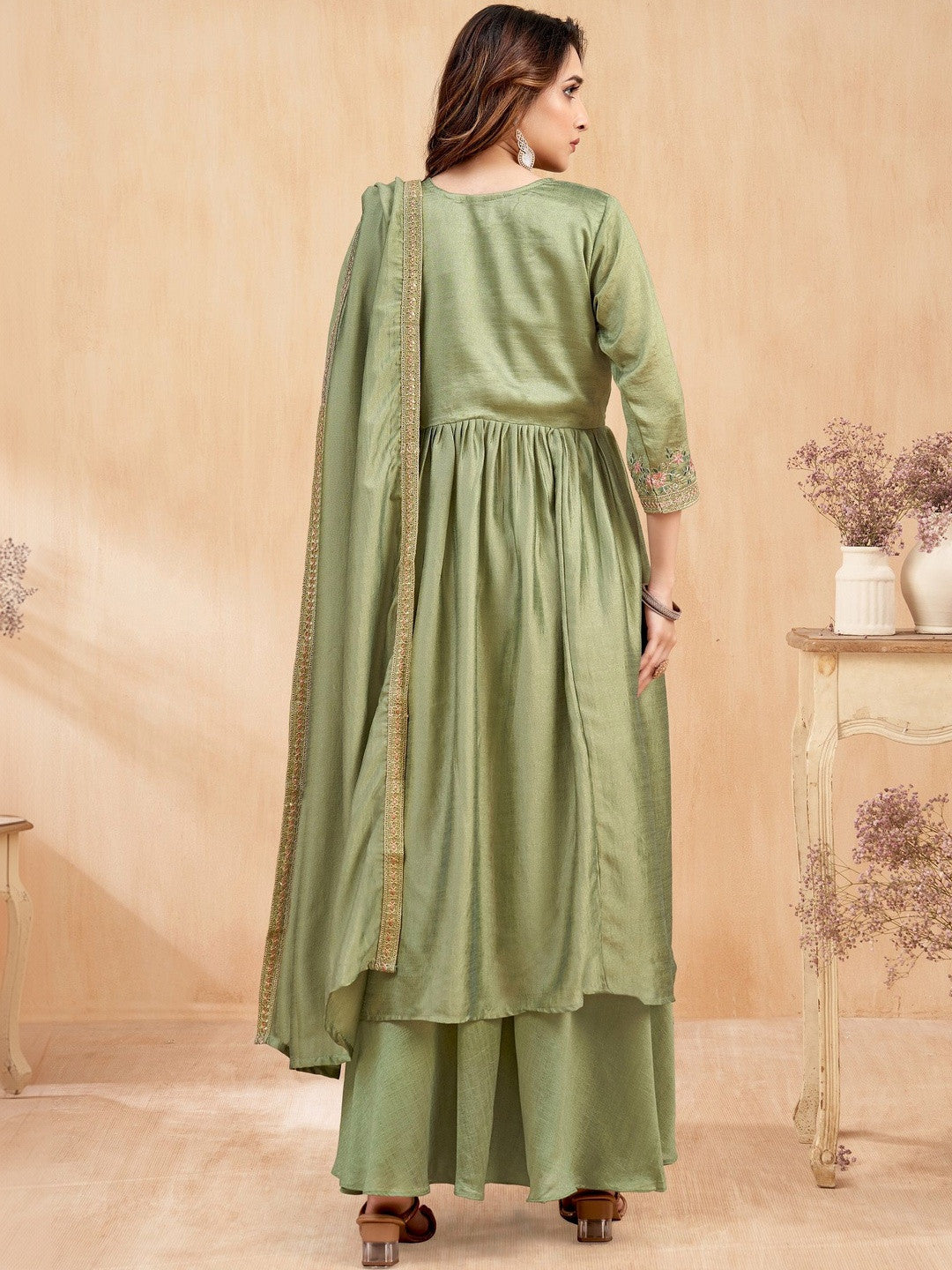 Embroidered Round Neck Kurta & Palazzos With Dupatta