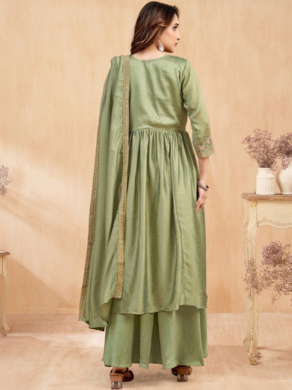 Embroidered Round Neck Kurta & Palazzos With Dupatta