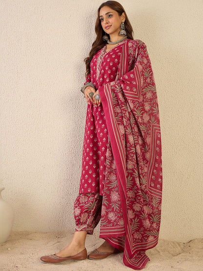 Women Ethnic Motifs Printed Regular Beads and Stones Pure Cotton Kurta with Patiala & With Dupatta