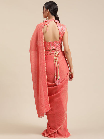 Women's Polycotton Pink Solid Belted Sarees With Blouse Piece