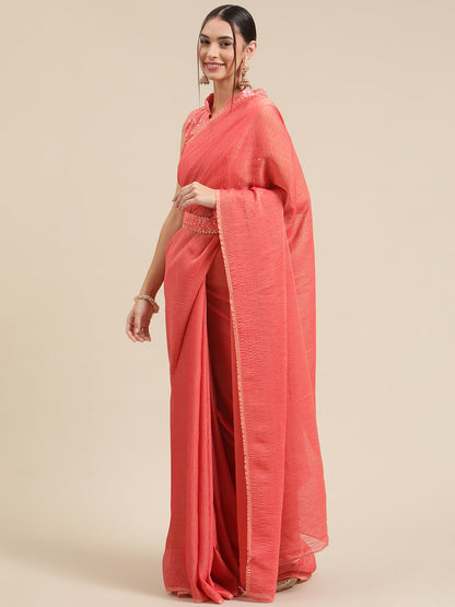 Women's Polycotton Pink Solid Belted Sarees With Blouse Piece