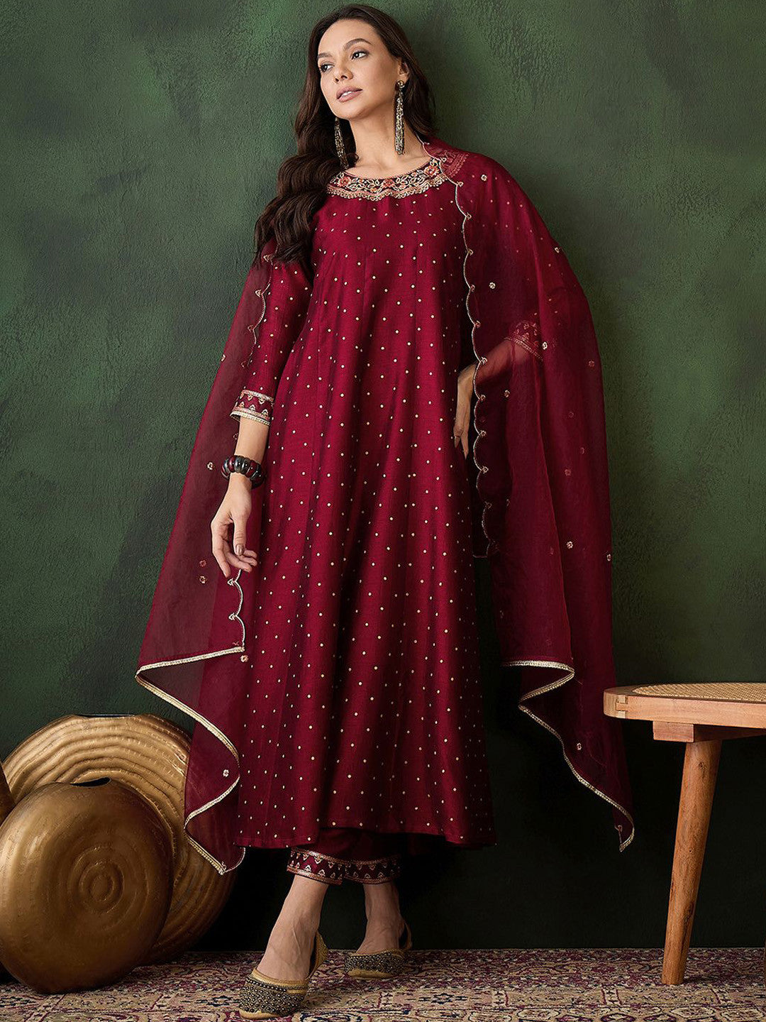 Geometric Printed Zari & Sequinned A-Line Kurta & Palazzo With Dupatta