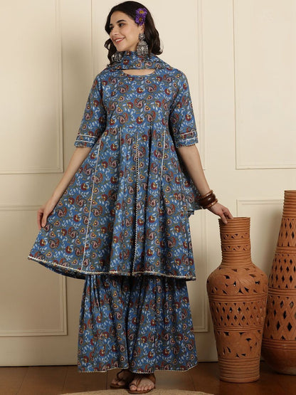 Dhiyona AN Women Ethnic Motifs Printed Panelled Pure Cotton Kurta with Sharara & With Dupatta