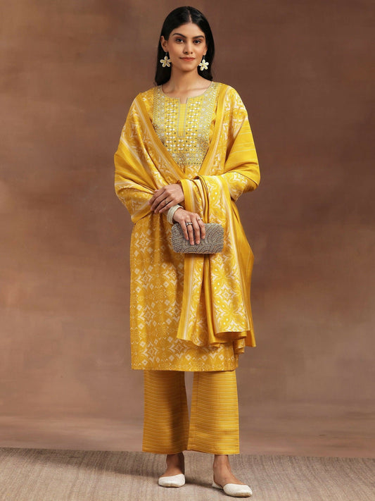 Women's LB Yellow Printed Silk Blend Straight Suit With Dupatta