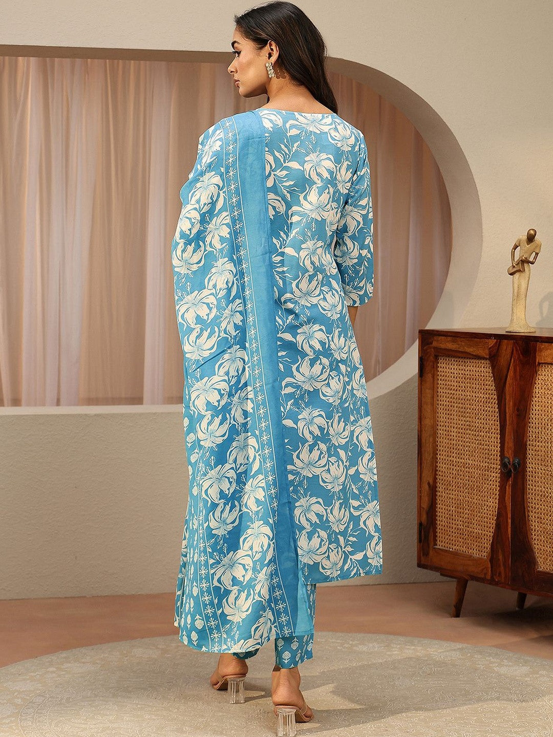 Blue Floral Printed Cotton Straight Suit Set