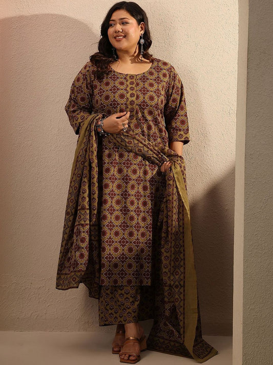 Dhiyona Women's Plus Size Ethnic Motifs Printed Kurta with Trousers & With Dupatta
