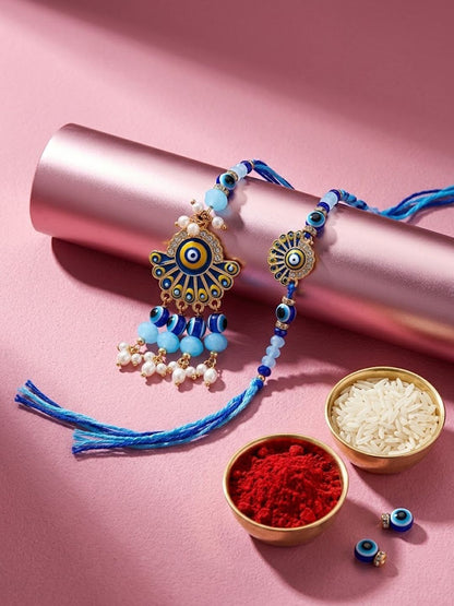 Dhiyona Set Of 2 Blue Evil Eye Artificial Beads Bhaiya Bhabhi Rakhi With Roli Chawal