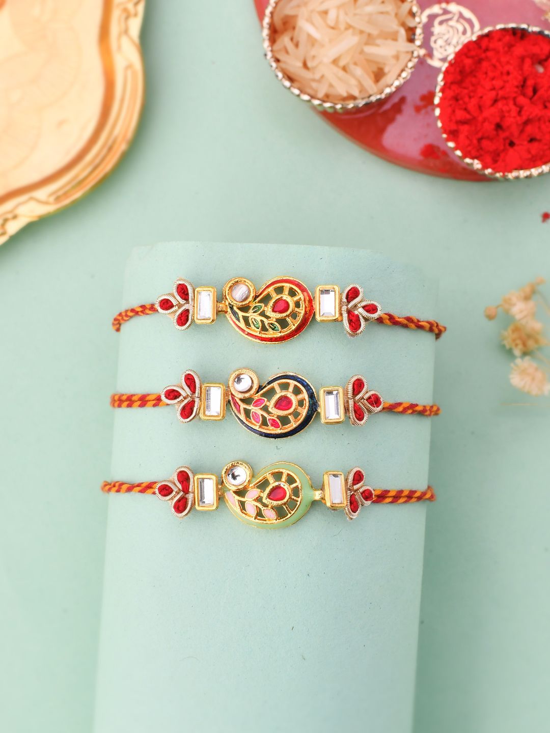 Dhiyona Gold Toned Set of 3 Kundan Work Thread Rakhis With Roli Chawal & Greetings Card