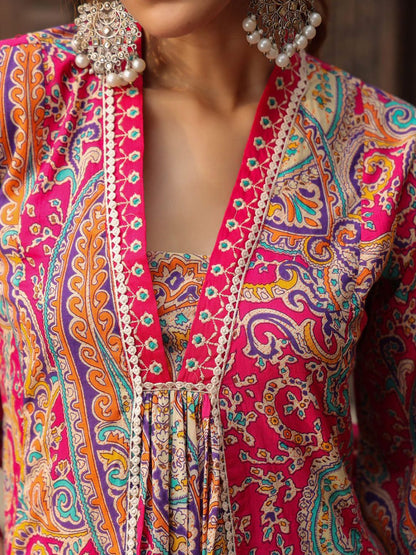 Dhiyona RR Women's Printed Thread Work Pure Cotton Anarkali Kurta with Trousers & Dupatta