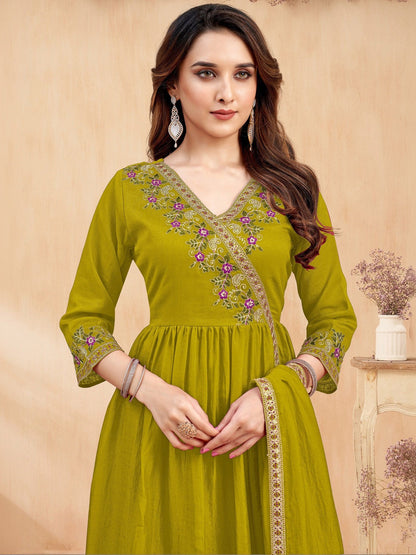 Embroidered V-Neck Kurta & Palazzos With Dupatta