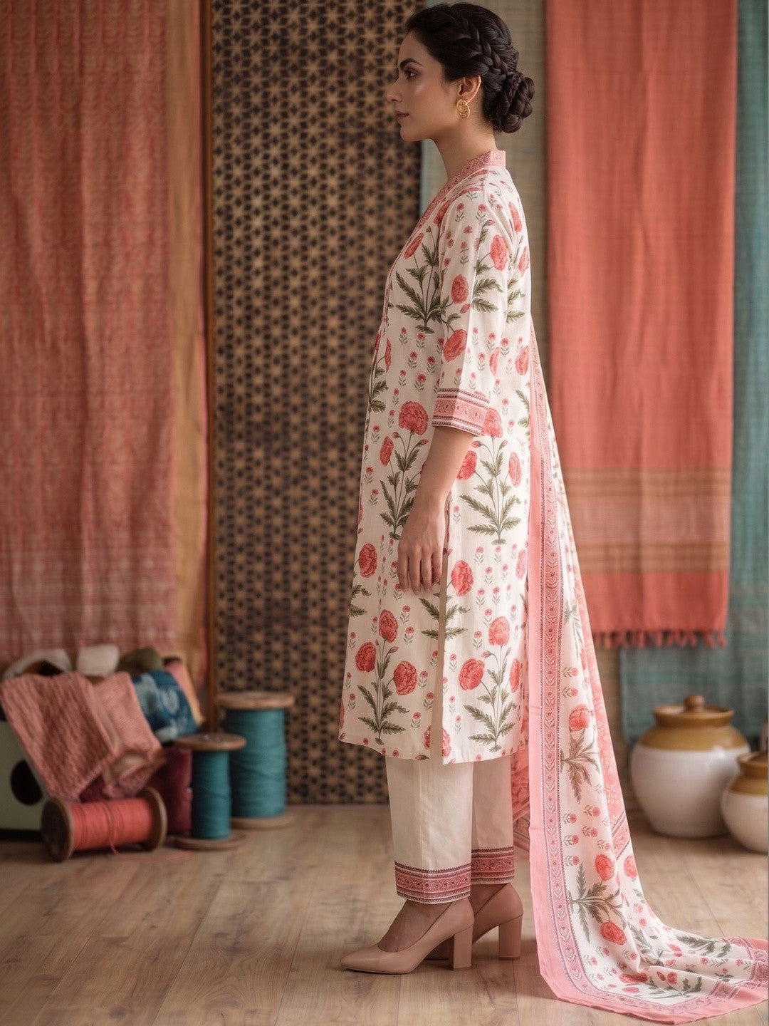 Embroidered Pure Cotton U-Neck Kurta With Palazzos With Dupatta