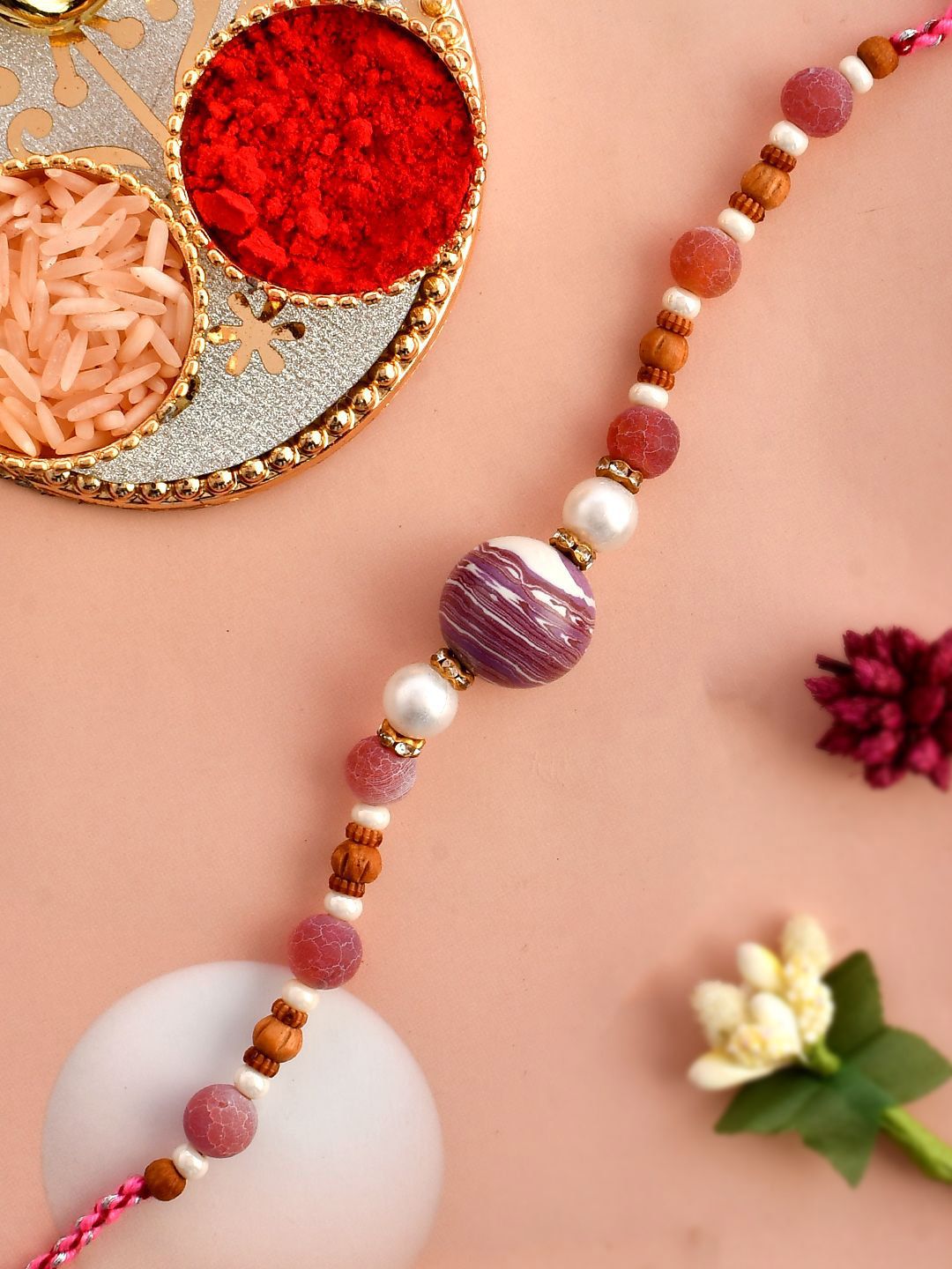 Dhiyona Brown Sapphire & Embellished Beaded Thread Rakhi With Roli Chawal & Greeting Card