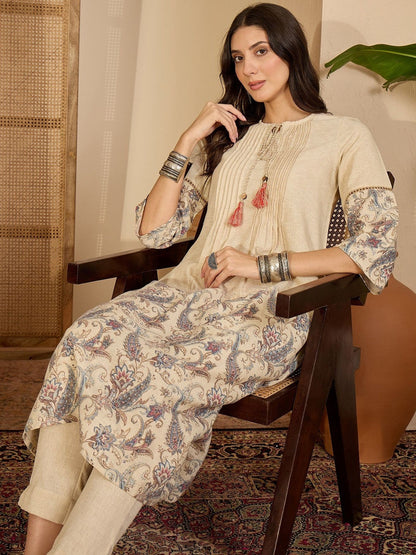 Floral Printed Round Neck A-Line Kurta & Trousers