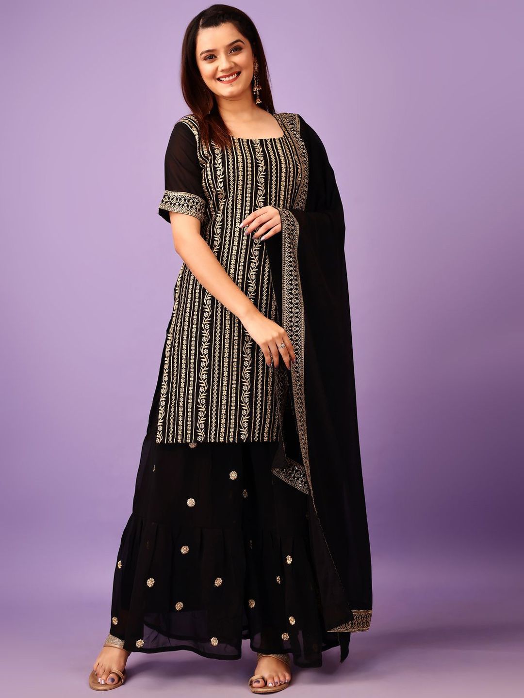 Dhiyona KL Floral Embroidered Regular Kurta With Sharara & Dupatta