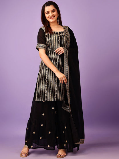 Dhiyona KL Floral Embroidered Regular Kurta With Sharara & Dupatta