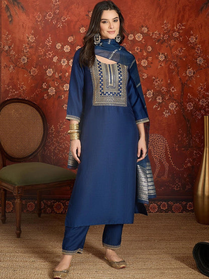 Women Ethnic Motifs Embroidered Regular Kurta with Trousers & With Dupatta