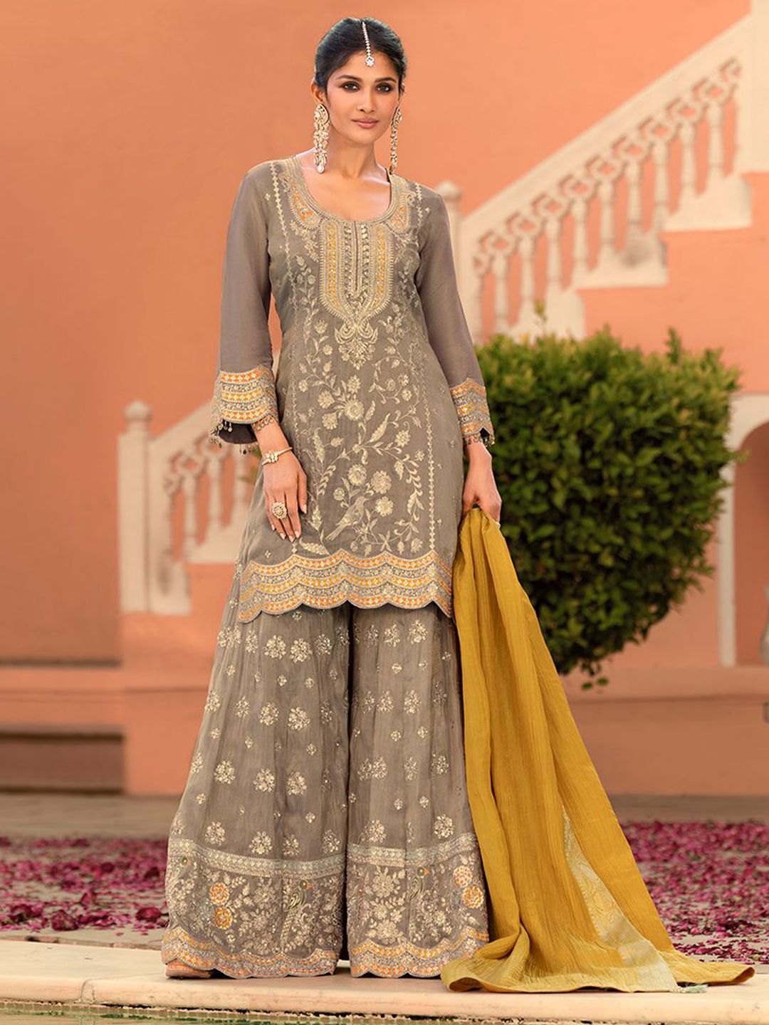 Dhiyona HOP Women Floral Embroidered A-Line Kurta with Sharara & Dupatta