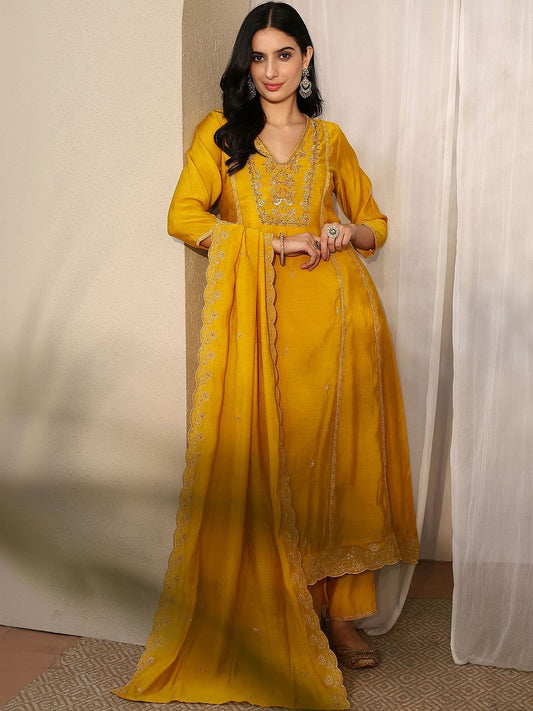 Women Ethnic Motifs Embroidered Panelled Thread Work Kurta with Trousers & With Dupatta