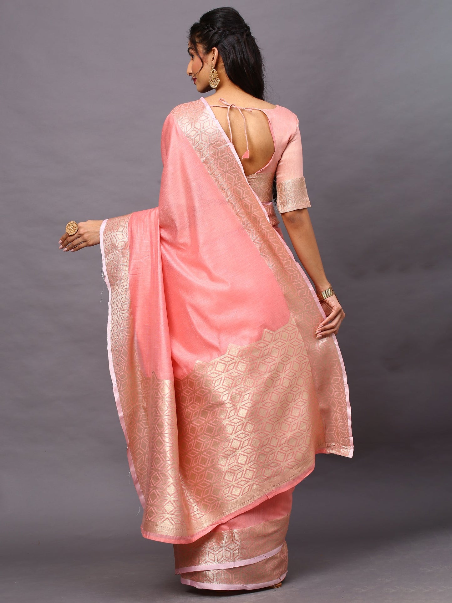 Women's Linen Blend Pink Woven Design Designer Saree With Blouse Piece