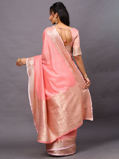 Women's Linen Blend Pink Woven Design Designer Saree With Blouse Piece