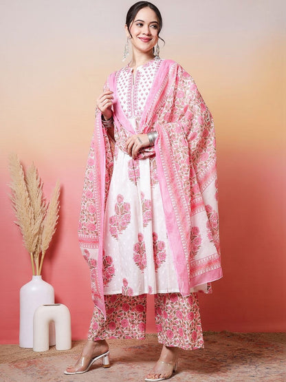 Embroidered Pure Cotton A-Line Kurta & Palazzos With Dupatta