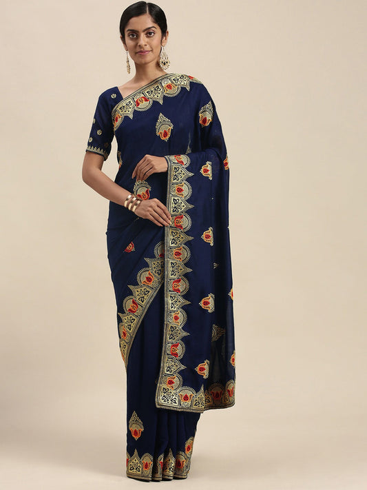 Women's Silk Blend Navy Blue Embellished Designer Saree With Blouse Piece