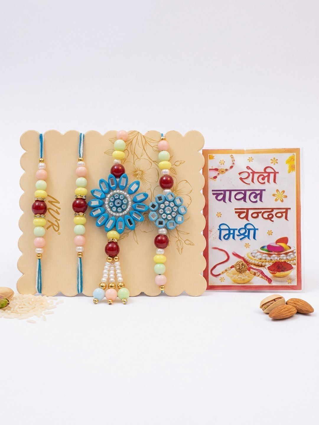 Dhiyona Set Of 4 Family Pack Beaded Thread Rakhi With Roli Chawal Chandan Mishri