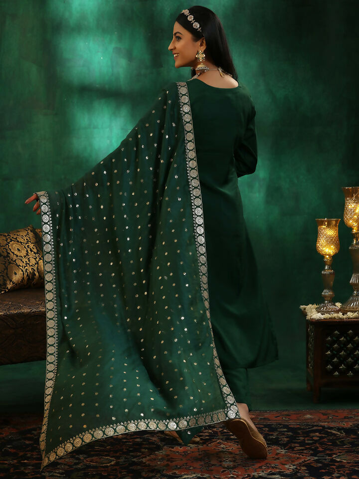 Women's LB Green Self Design Silk Blend Straight Suit With Dupatta