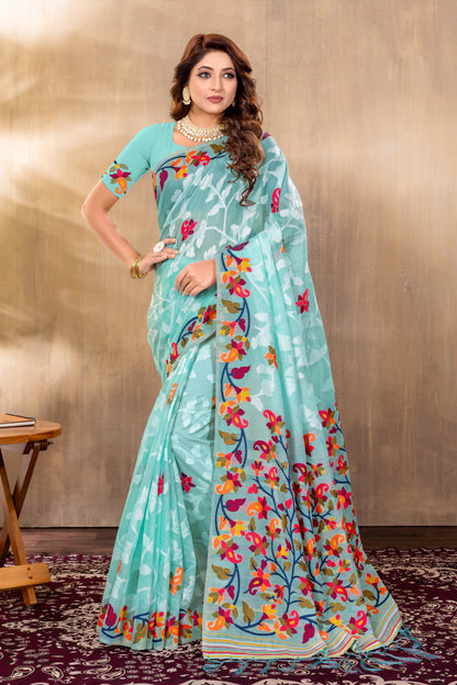 Dhiyona GR Women's Suhani Sky Blue Cotton Jamdani Saree