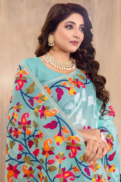 Dhiyona GR Women's Suhani Sky Blue Cotton Jamdani Saree